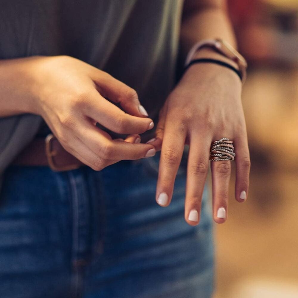 Wide Band Rings Twisted Rope Ring Two-Tone Mixed Metal Braided Statement Rings F - Picture 2 of 6